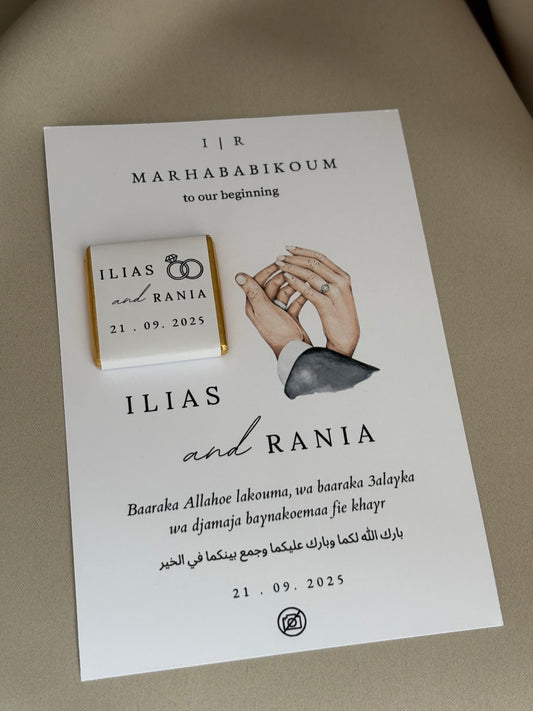 Marhababikoum to our beginning | Tafelkaarten met chocolaatjes