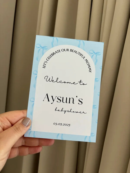 Tafelkaart | babyshower blauwe strikjes