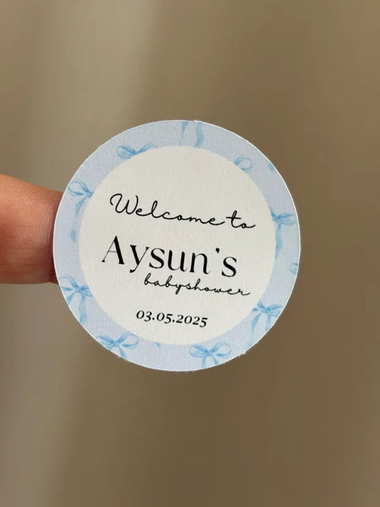 Babyshower ronde stickers | thema blauwe strikjes