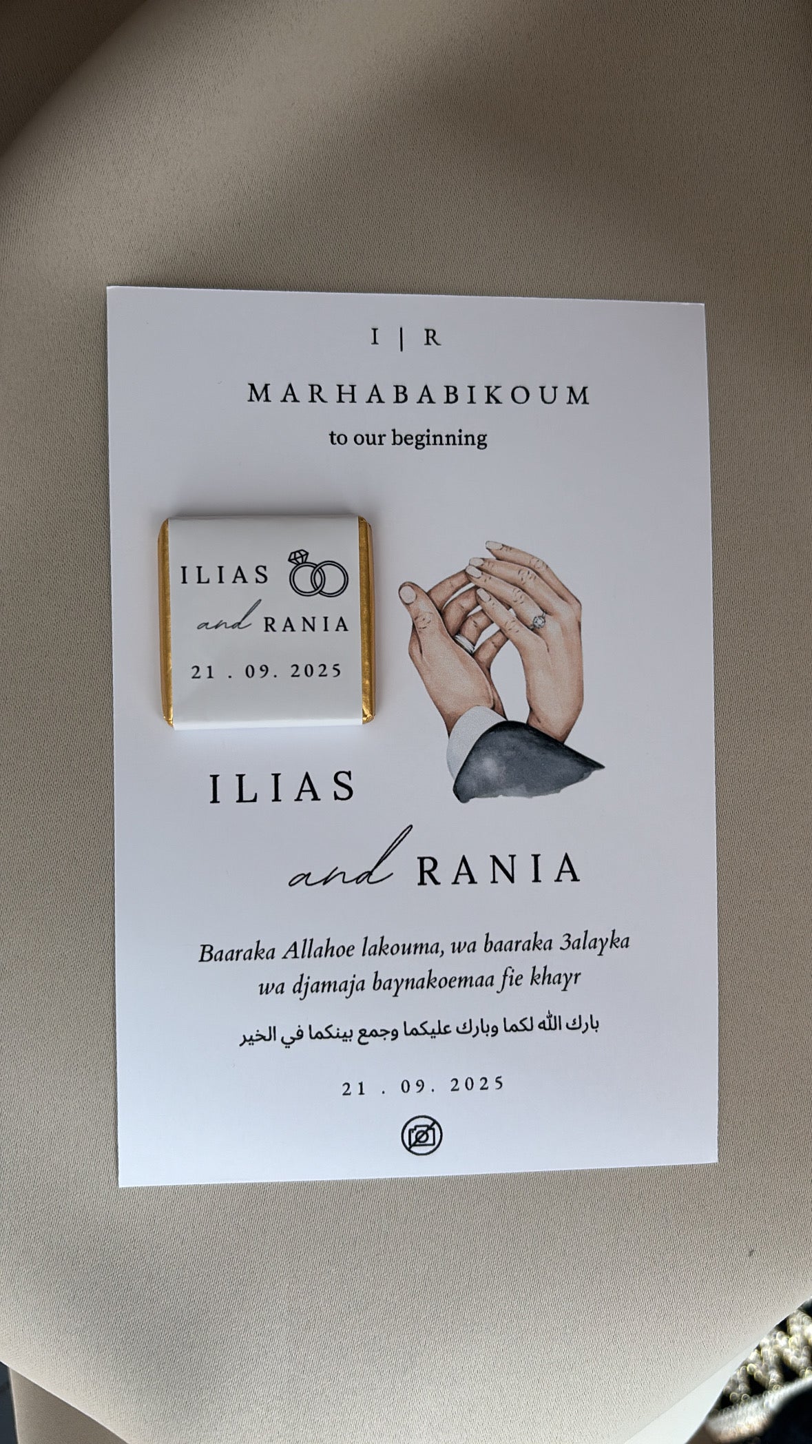 Marhababikoum to our beginning | Tafelkaarten met chocolaatjes