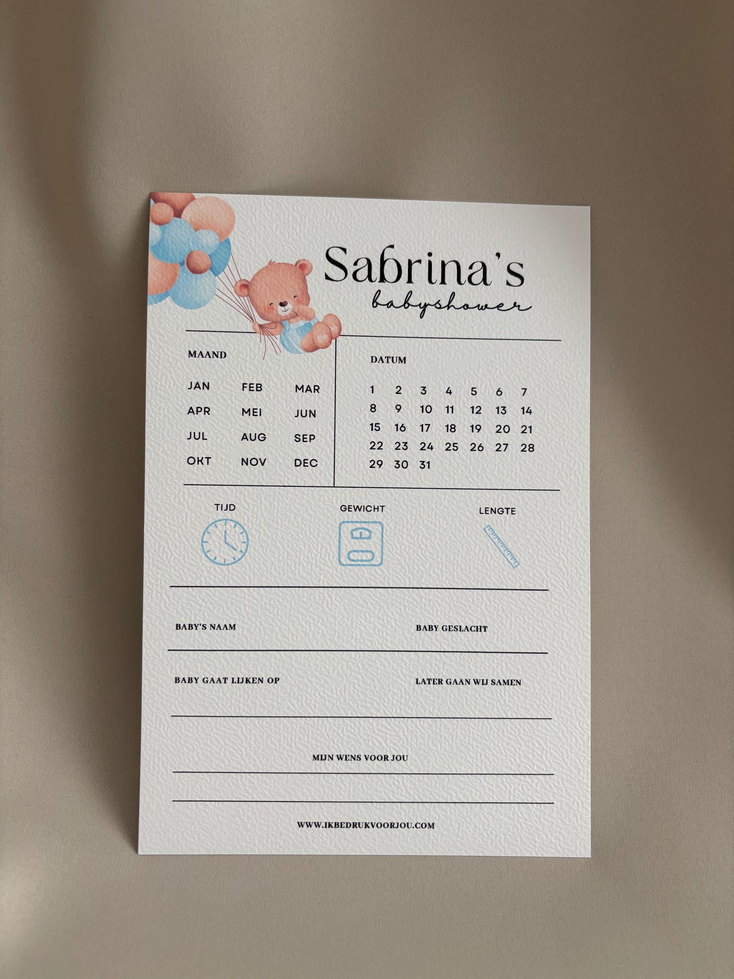 Babyshower voorspellingen invulkaart