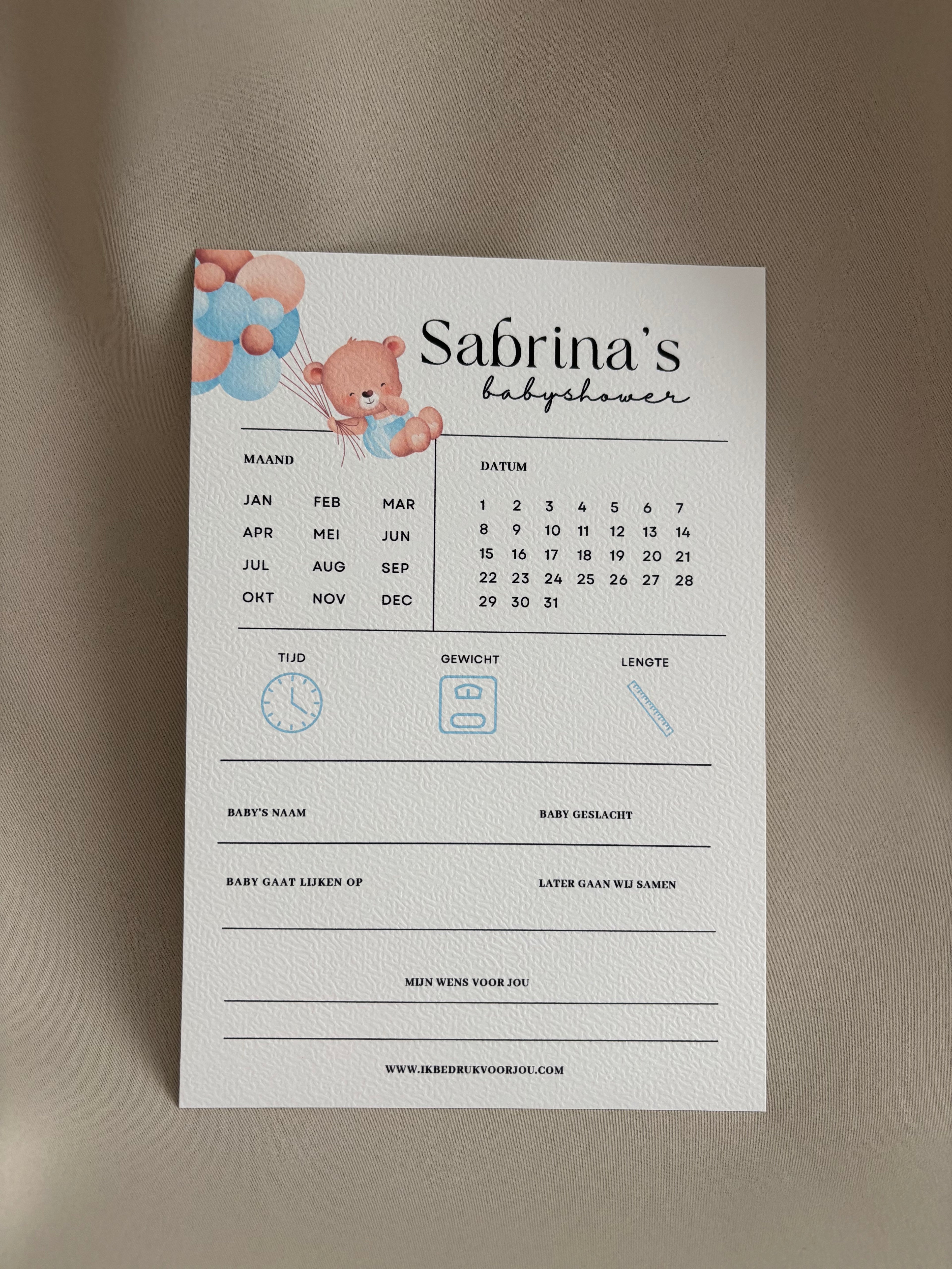 Babyshower voorspellingen invulkaart