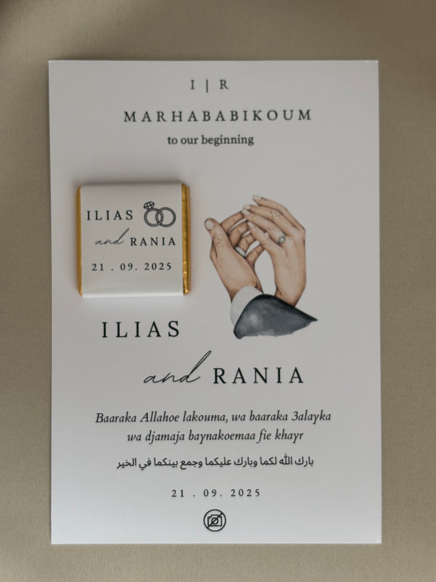Marhababikoum to our beginning | Tafelkaarten met chocolaatjes