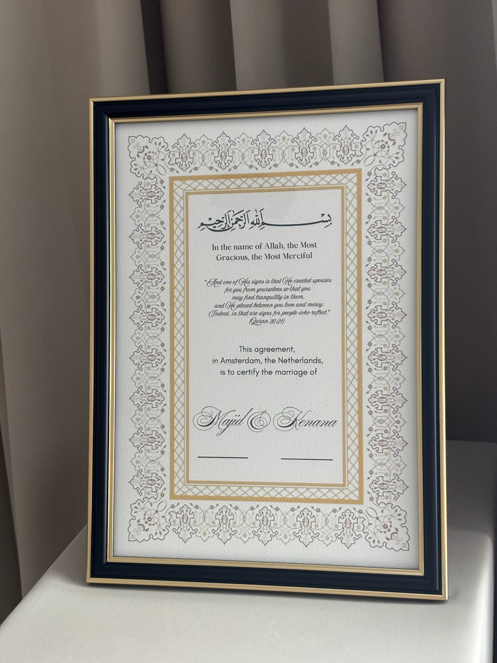 Nikkah certificaat met lijst