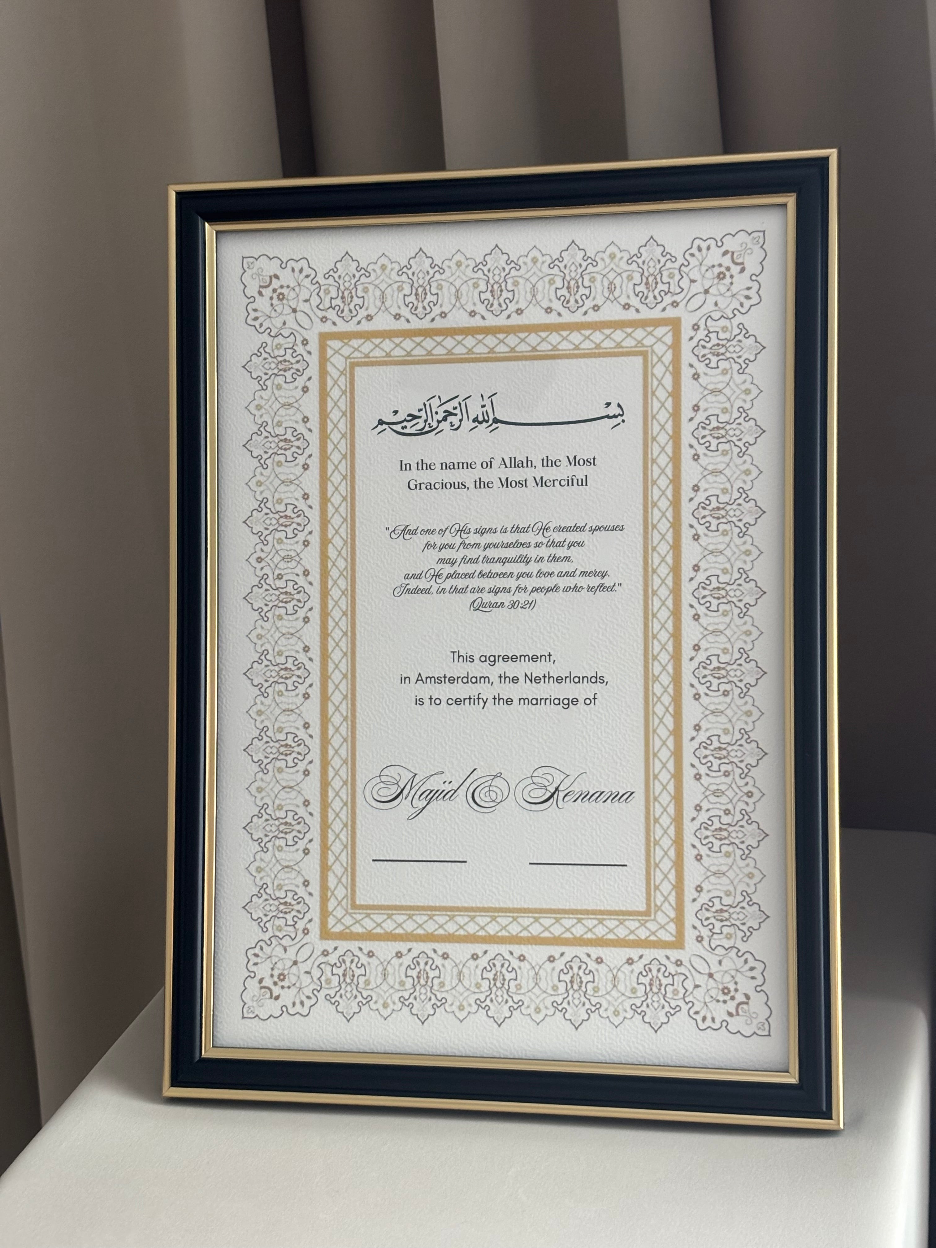 Nikkah certificaat met lijst
