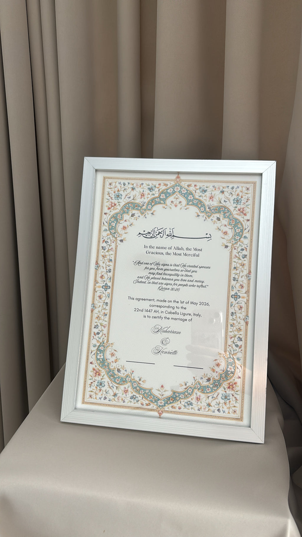 Nikkah certificaat met lijst