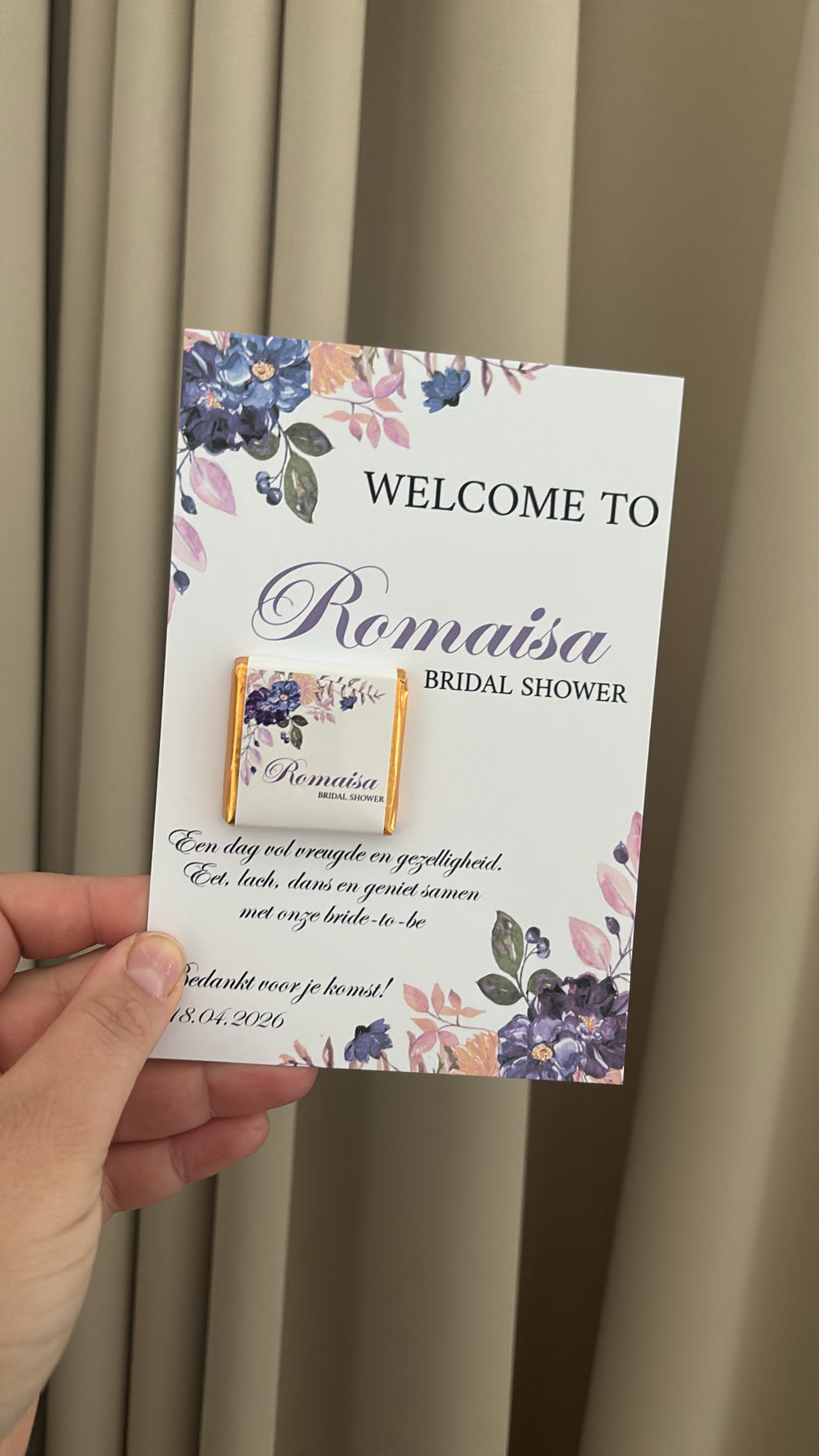 Tafelkaart bridalshower met chocolaatje