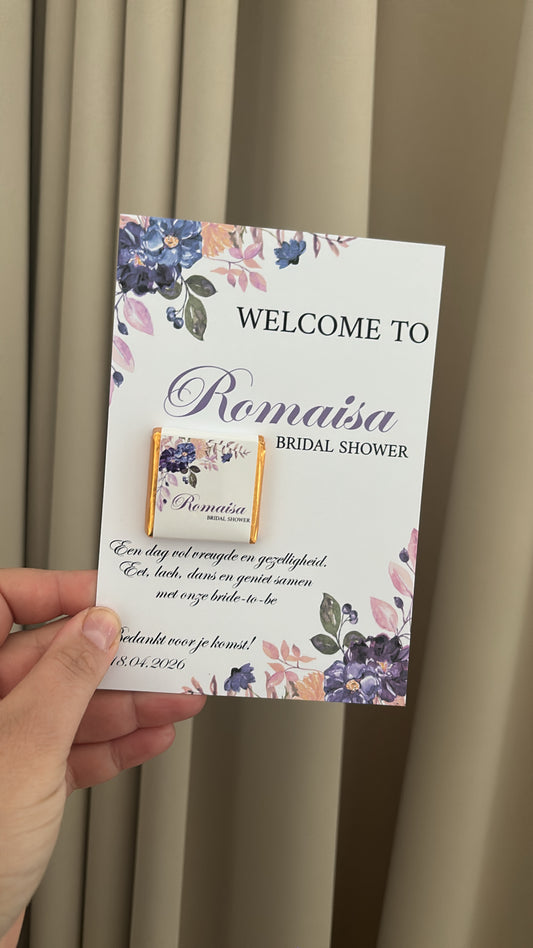 Tafelkaart bridalshower met chocolaatje