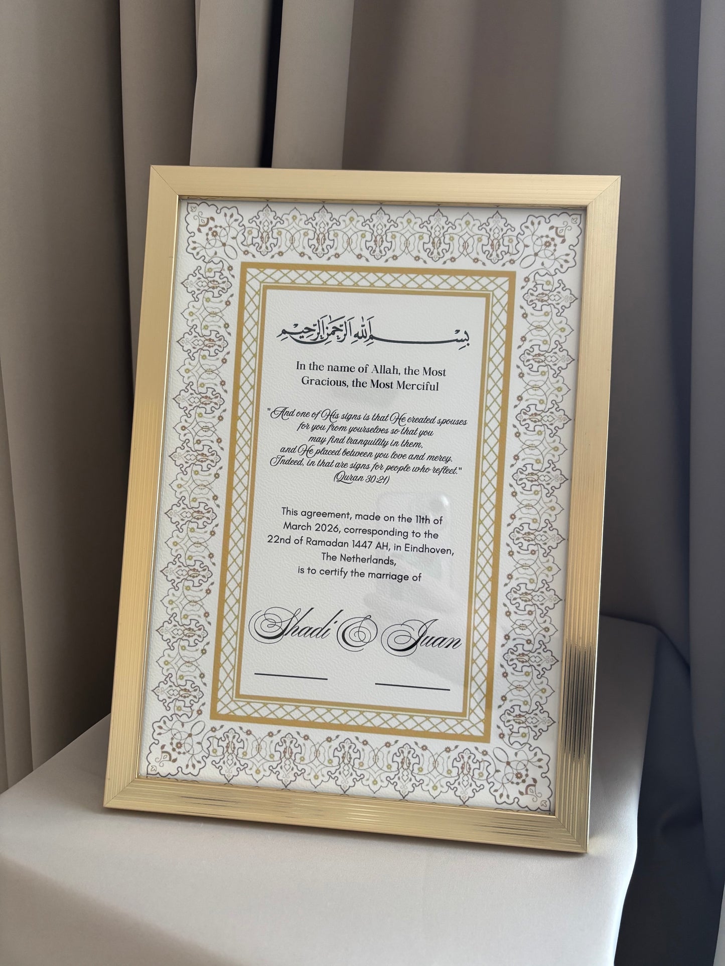 Nikkah certificaat met lijst