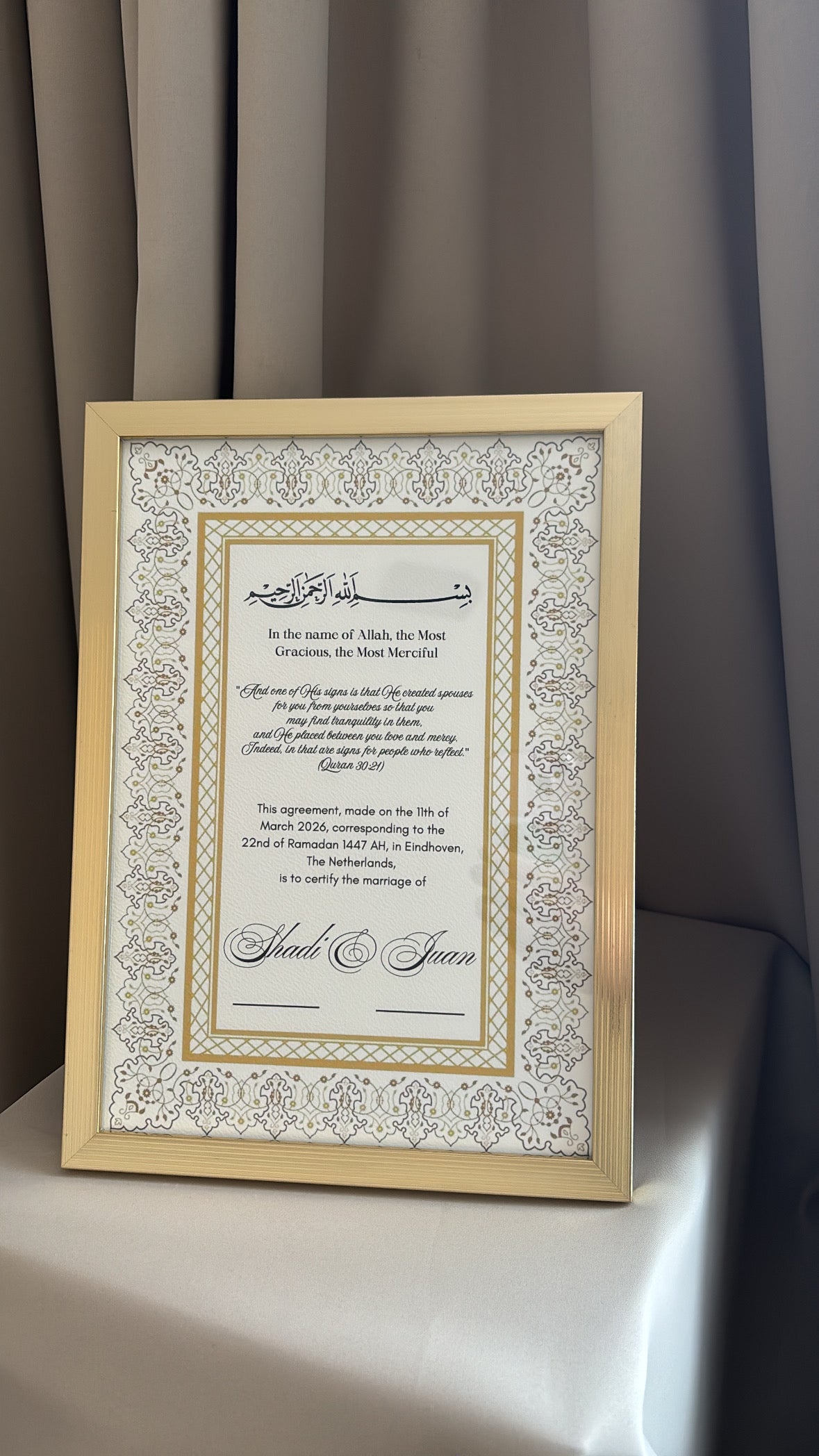 Nikkah certificaat met lijst