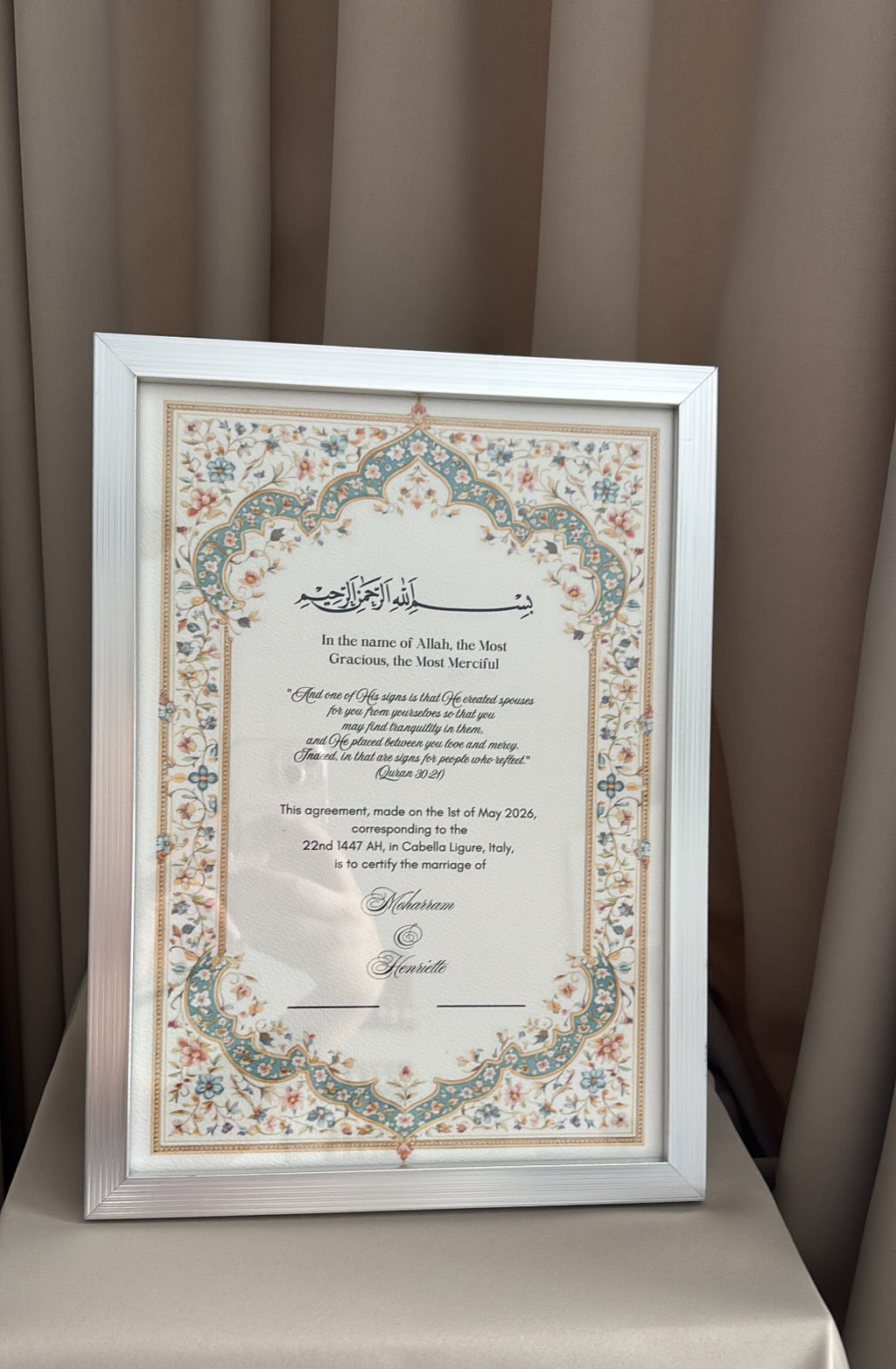 Nikkah certificaat met lijst