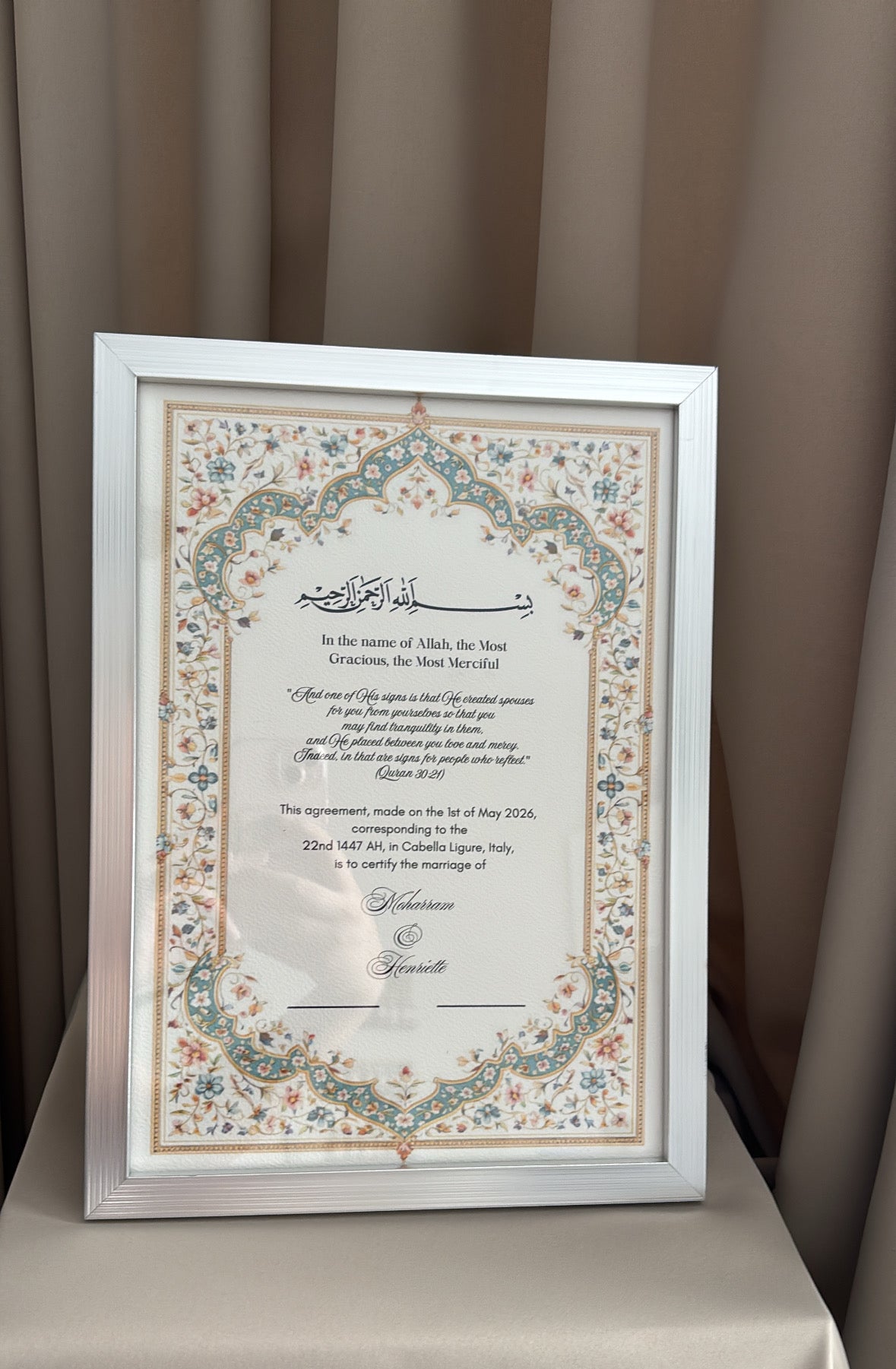 Nikkah certificaat met lijst