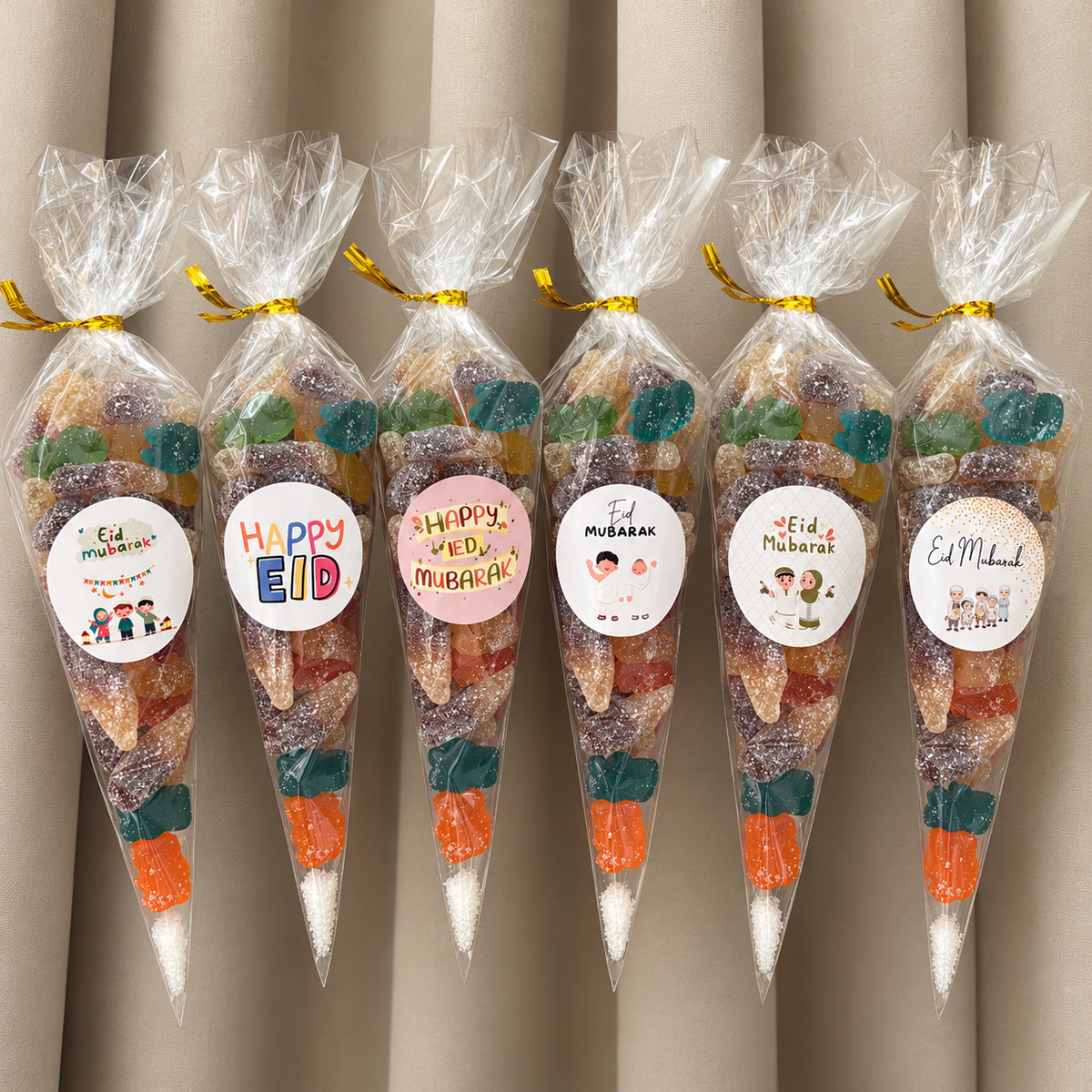 Eid Mubarak snoepzakjes met gepersonaliseerde stickers voor feestelijke traktaties.