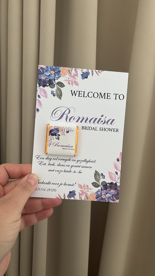Tafelkaart bridalshower met chocolaatje