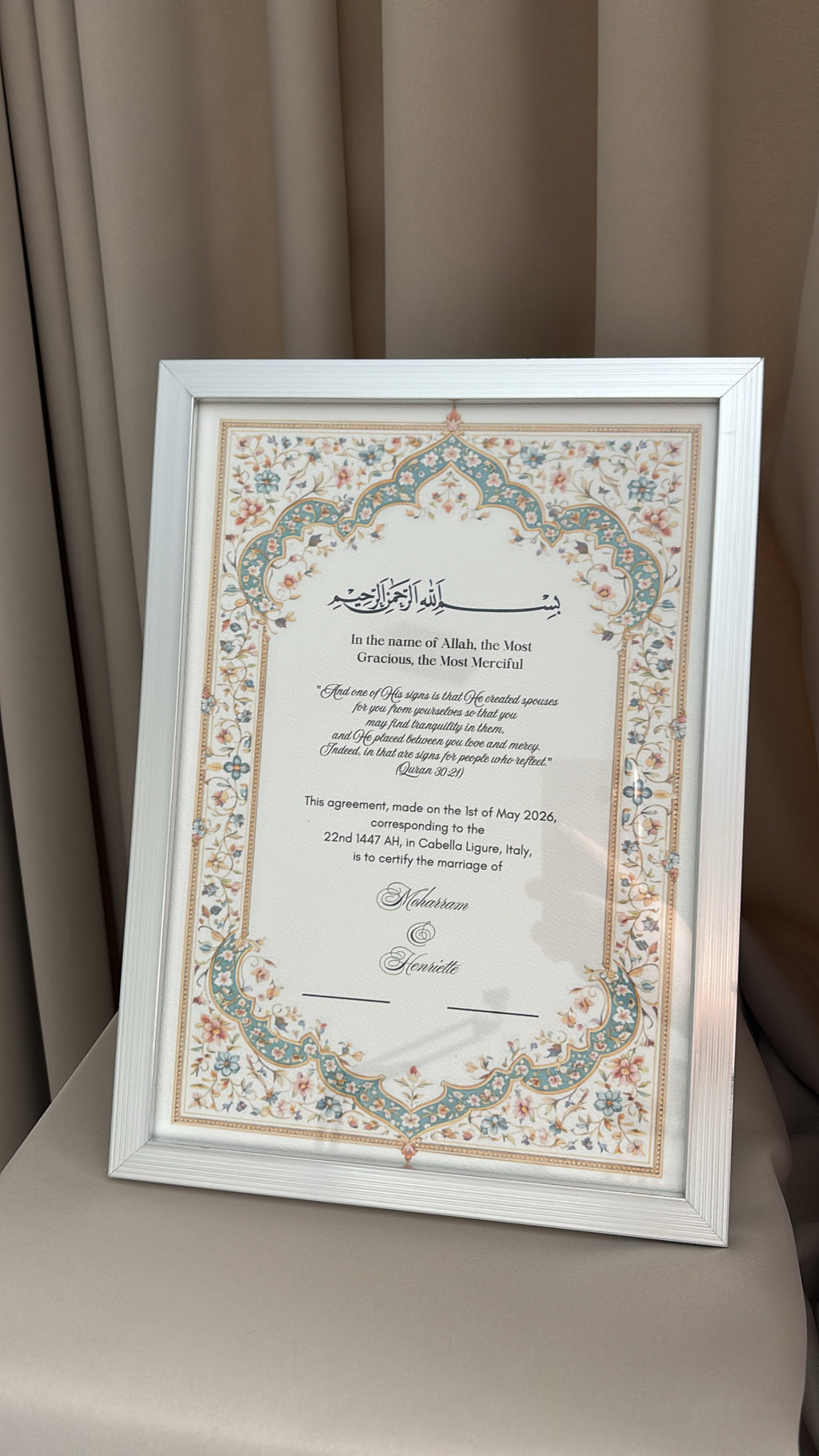 Nikkah certificaat met lijst 