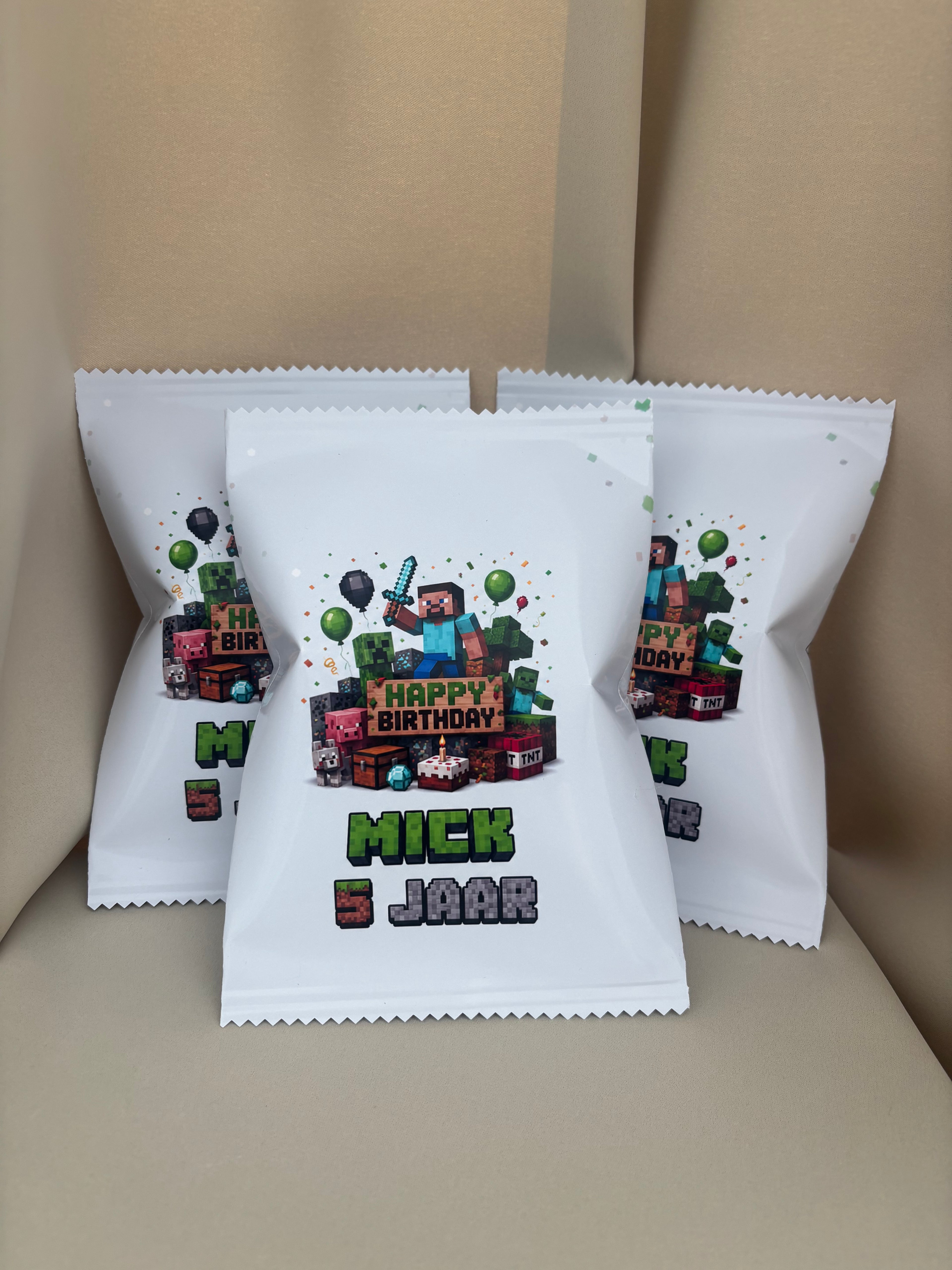 Traktatie chipszakjes mindcraft gepersonaliseerd