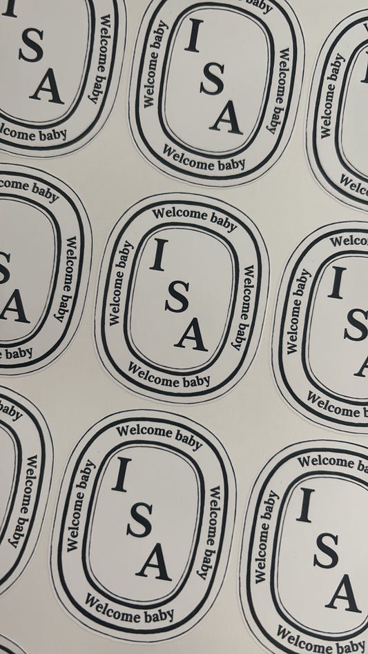 Welcome baby stickers Diptyque-stijl