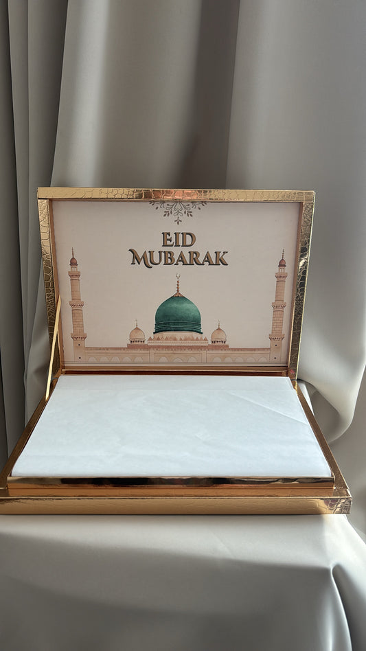 Eid Mubarak chocoladebox gevuld met luxe chocolade in goudkleurige geschenkverpakking