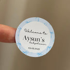 Babyshower ronde stickers | thema blauwe strikjes