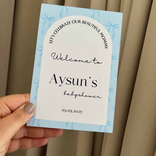 Tafelkaart | babyshower blauwe strikjes