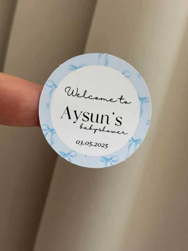 Babyshower ronde stickers | thema blauwe strikjes