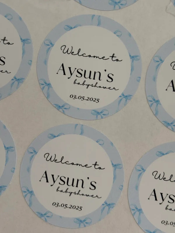Babyshower ronde stickers | thema blauwe strikjes